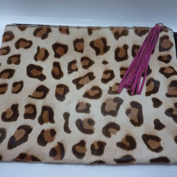 IJCDESIGNS Animal Print Calf Hair Zipper Pouch Clutch Bag Travel Casual Tasseled - Picture 3 of 7